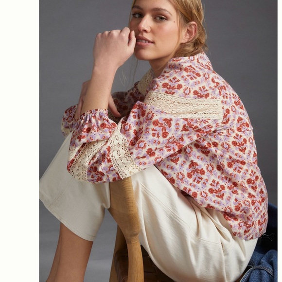 🎉NWT Anthropologie x Eze Sur Mer Yvonne Lace Blouse sz XL red size - Picture 4 of 12